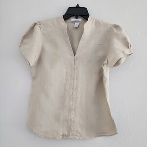 Richard Malcolm 100% Linen Short Sleeve Shirt  Tan/Khaki Mandarin Collar SIZE:S